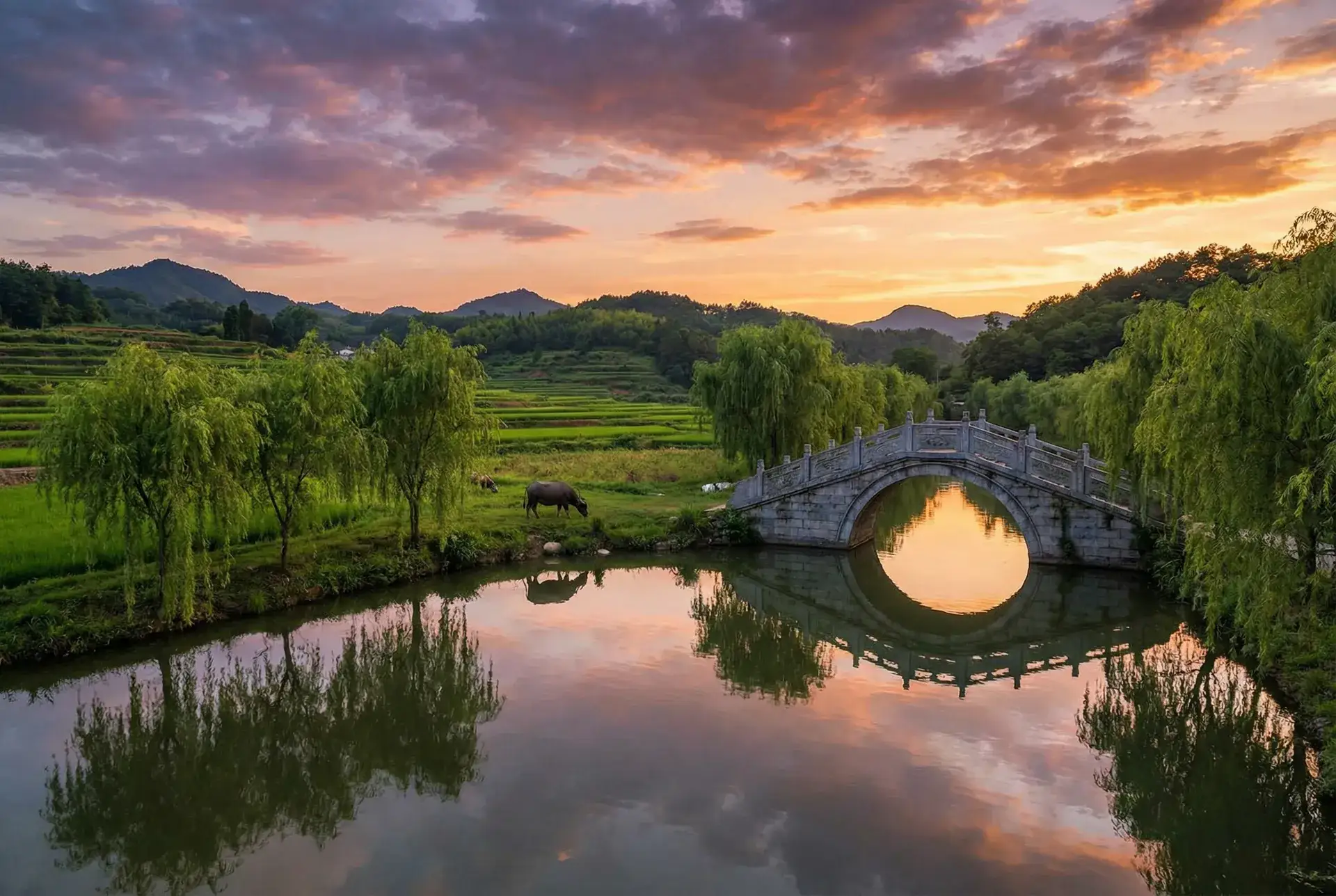 夕阳下的石拱桥与垂柳，水牛在河边吃草 - 小敏家电视剧免费观看第4集 乡村美景
